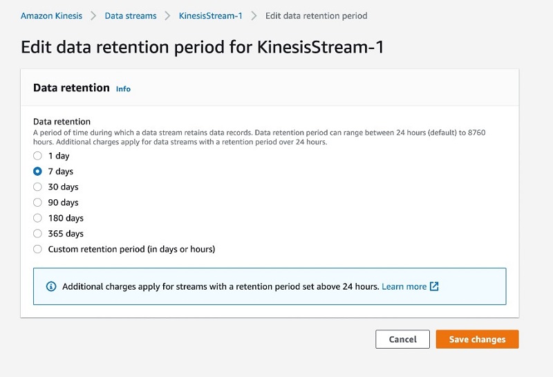 You can select a preset retention period or define a custom retention period in days or hours using the Kinesis Data Streams console, as in the following screenshot.