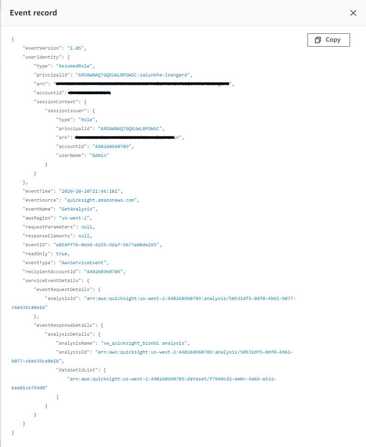 The following screenshot shows the sample JSON for the QuickSight API calls.