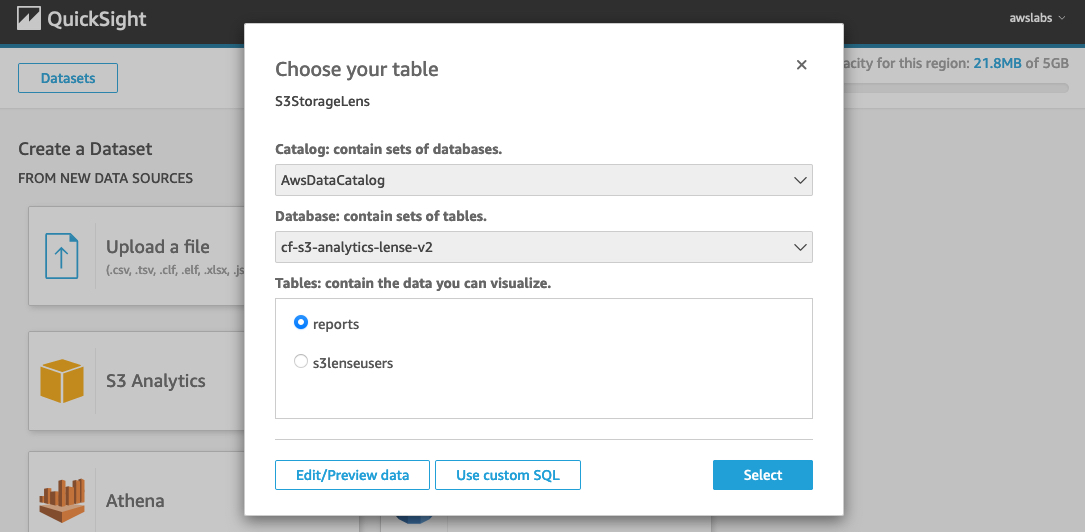 QuickSight table selection