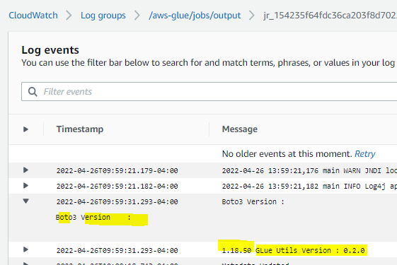 Fig 12 : Amazon CloudWatch logs details for the Glue job