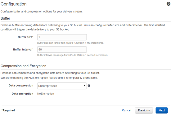 Finishing configuring the Firehose stream