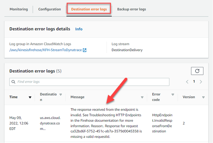 Destination error logs