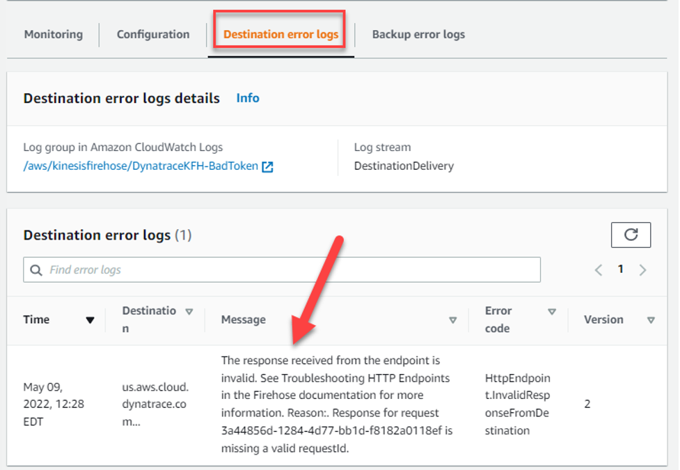 Destination error logs