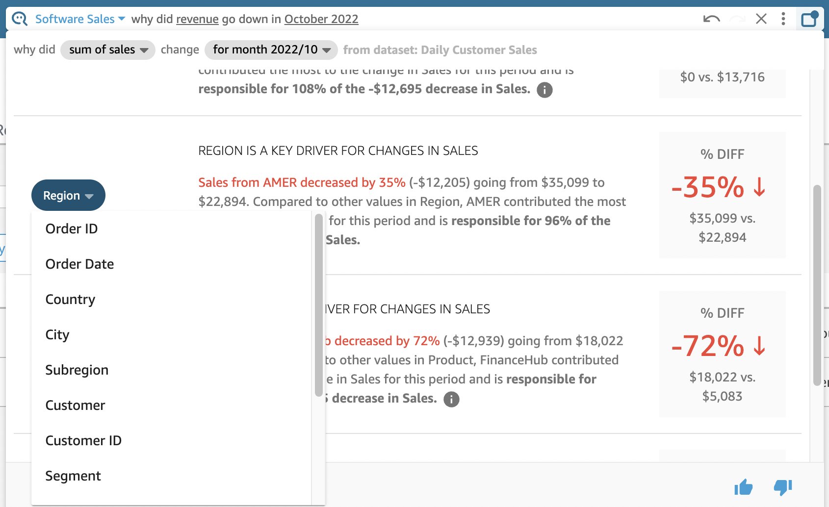 Amazon QuickSight Q Why visual with dropdown open to change a key driver