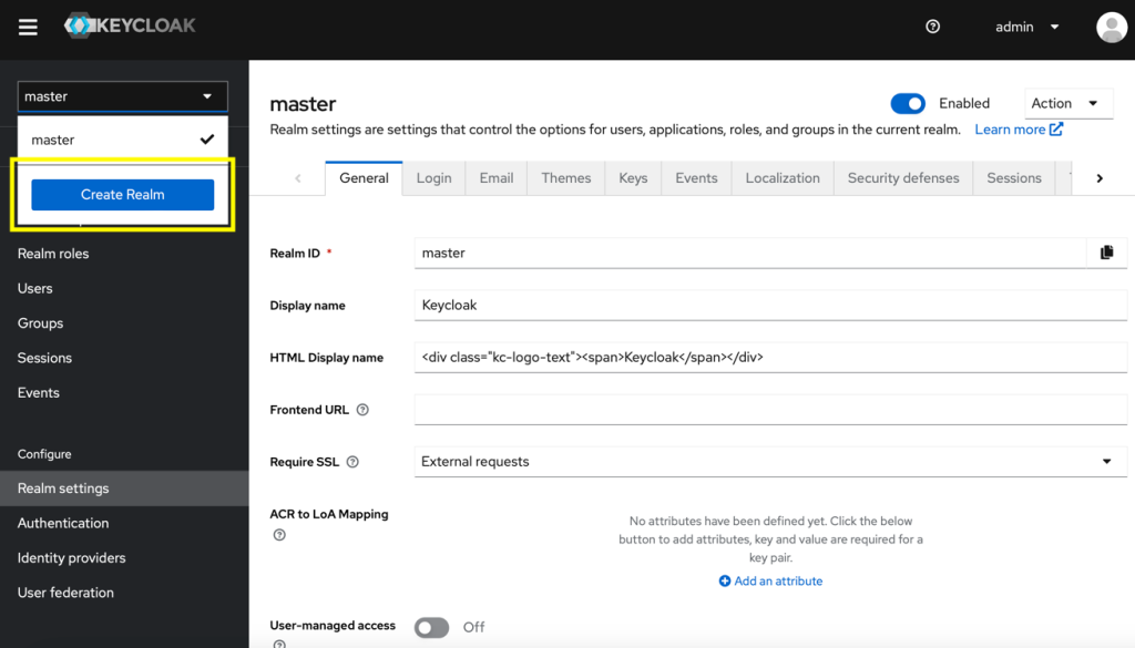Create realm in Keycloak user interface