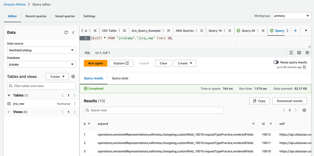 An image demonstrating the Amazon Athena query SELECT * FROM "jiralake"."jira_raw" limit 10;