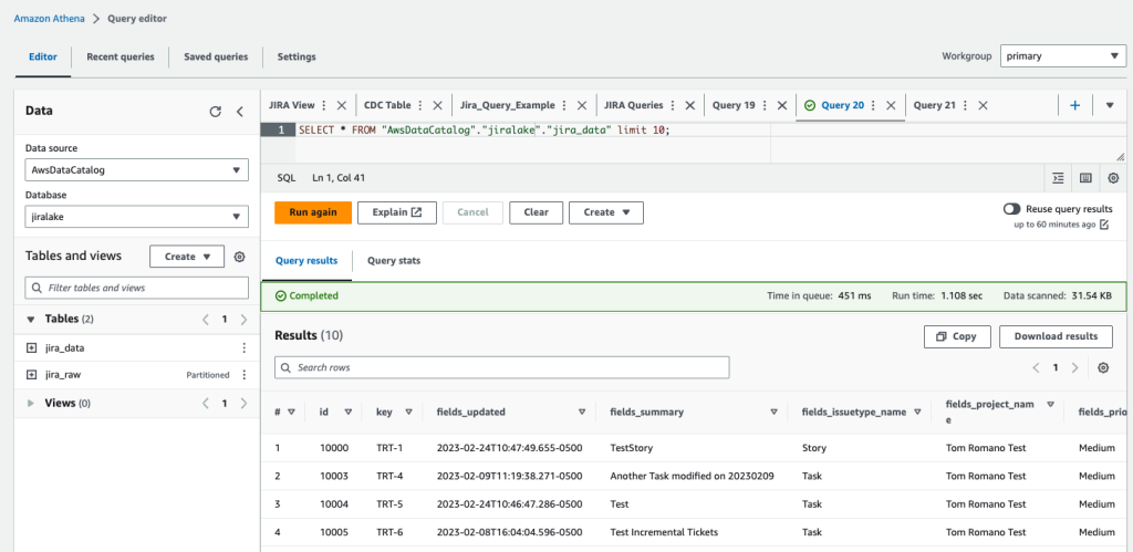 An image demonstrating the Amazon Athena query SELECT * FROM "jiralake"."jira_data" limit 10;