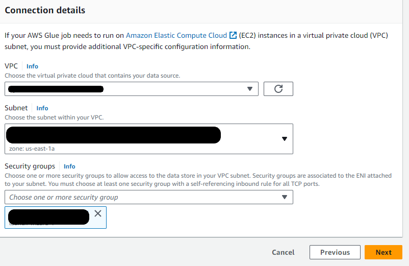 choosing vpc, subnet, sg for connection