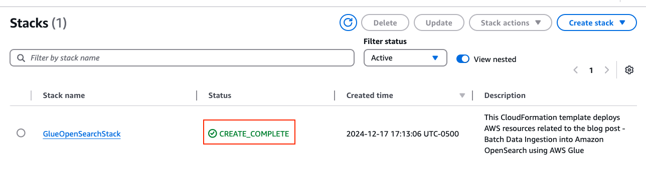 Image showing the "CREATE_COMPLETE" status of cloudformation template