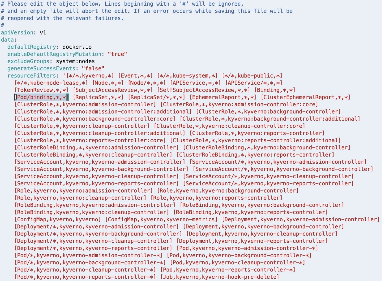 Kubernetes YAML configuration detailing Kyverno policy resource filters and cluster roles