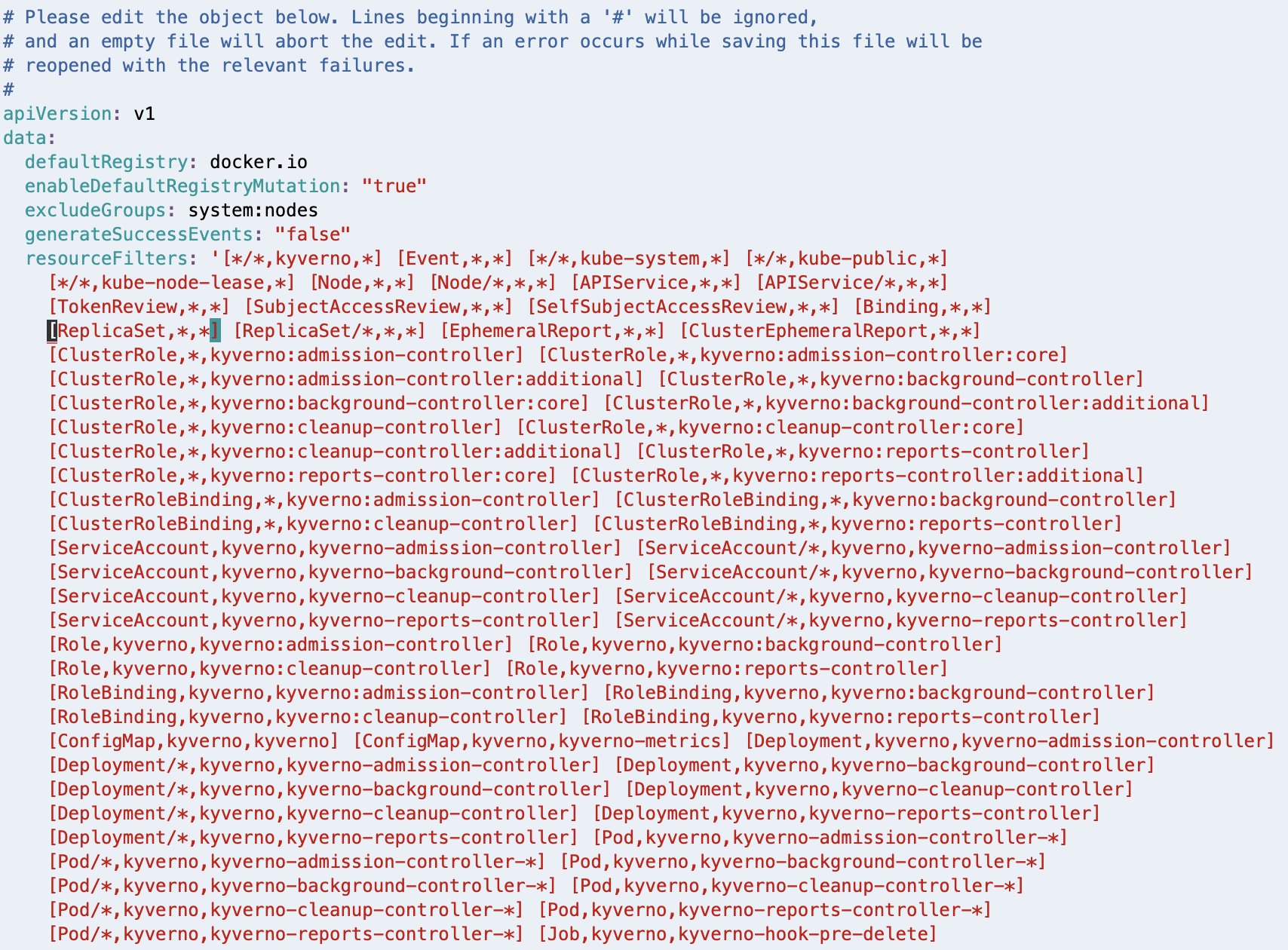 Kubernetes YAML configuration with ReplicaSet resource filter highlighted for Kyverno policy management