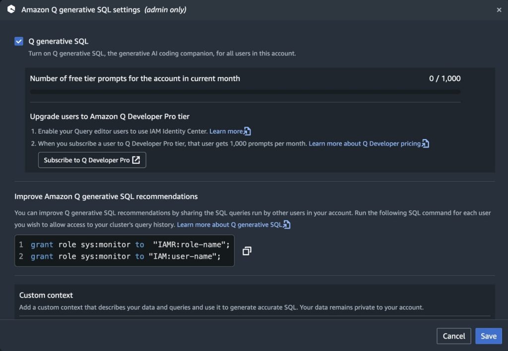 Enabling Amazon Q generative SQL from Redshift query editor