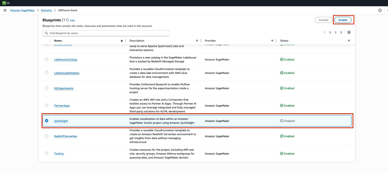 QuickSight 통합 활성화 확인 메시지 화면
