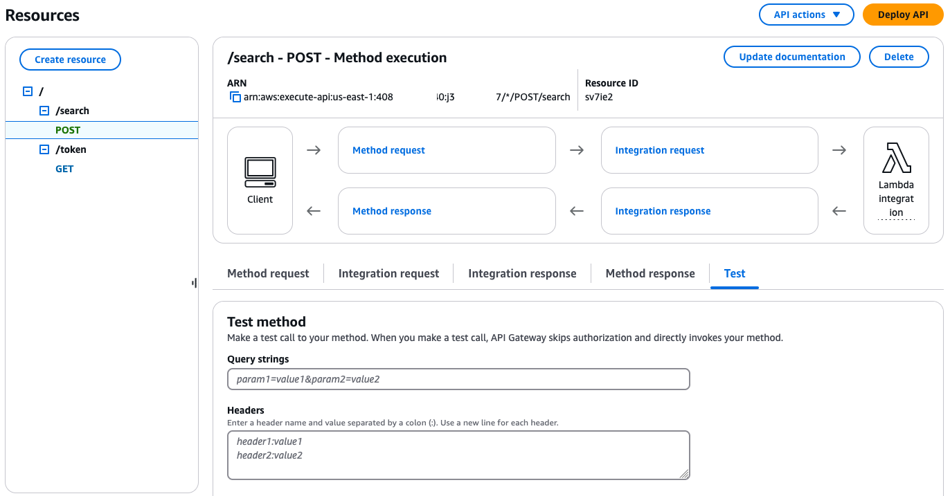 Screenshot of the Test section for the search API in Amazon API Gateway.