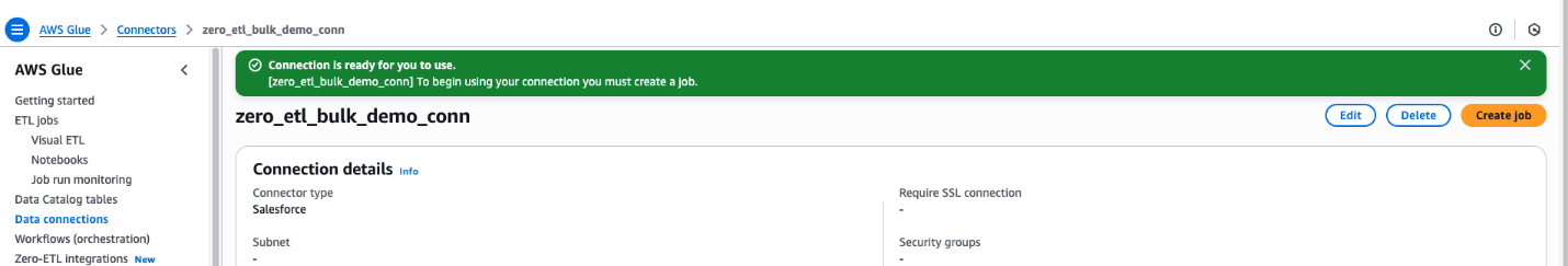 Successfully configured AWS Glue Salesforce connector interface with connection details