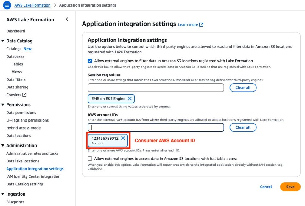 Comprehensive AWS Lake Formation application integration settings interface for managing third-party data access.