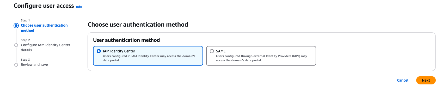 Screenshot of SageMaker authentication method selection showing IAM Identity Center option