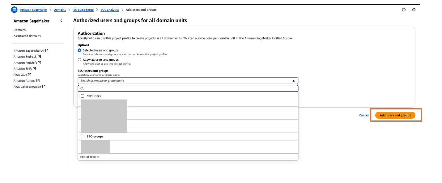 Screenshot of SageMaker Unified Studio project profile assignment interface showing SSO groups selection