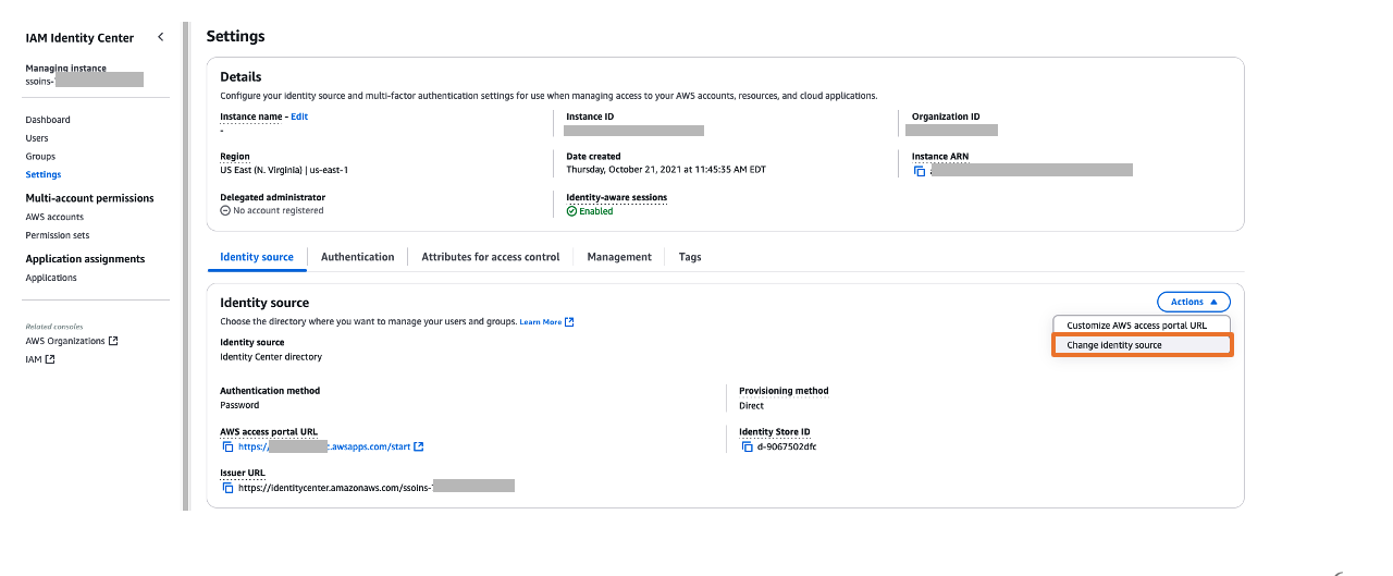 Screenshot of AWS IAM Identity Center settings page showing Change Identity source option