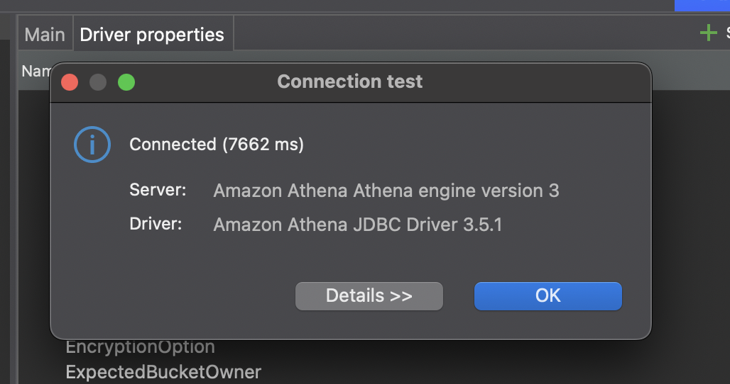 DBeaver connection test dialog showing successful Amazon Athena connection with performance metrics