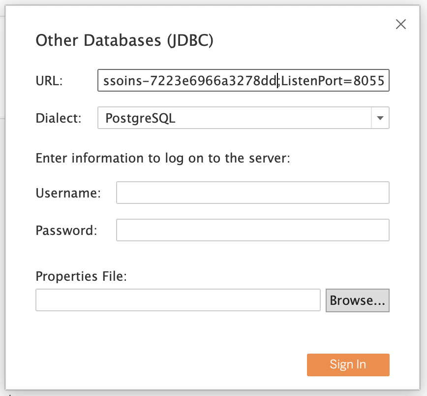Tableau Other Databases JDBC connection dialog with PostgreSQL dialect configuration
