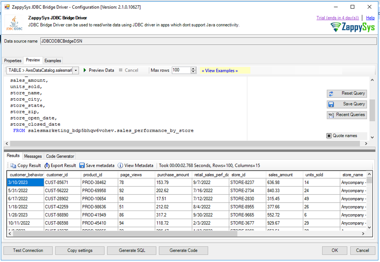 ZappySys JDBC Bridge Driver configuration interface showing SQL query preview with sales performance results