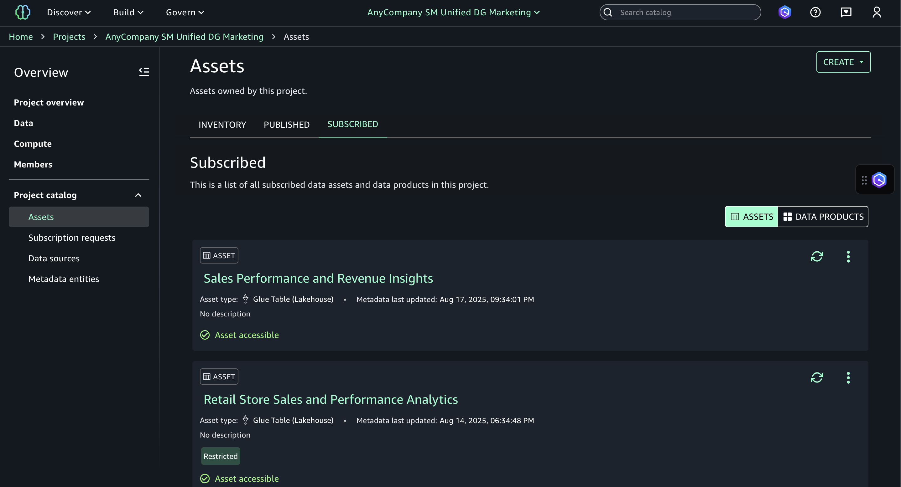 SageMaker Unified Studio Assets page displaying subscribed data assets with accessibility status indicators