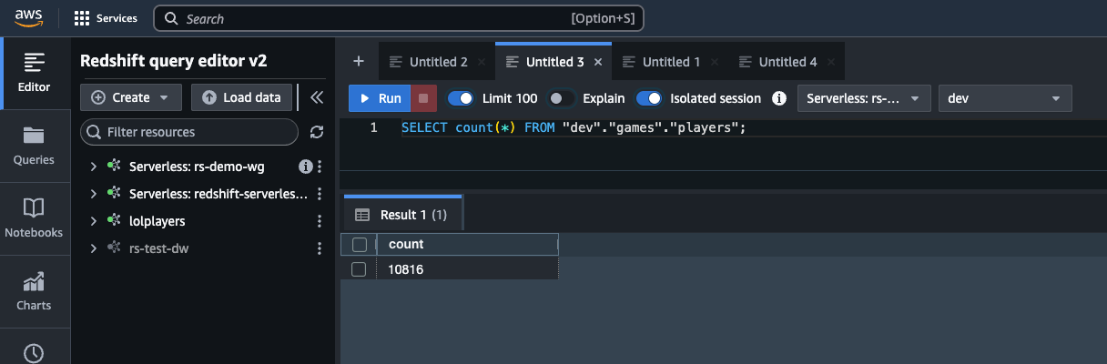 AWS Redshift Query Editor showing COUNT query result of 10,816 players