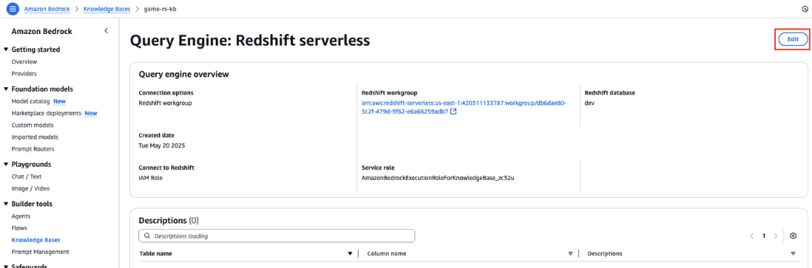 Amazon Bedrock Query Engine configuration page showing Redshift serverless connection details