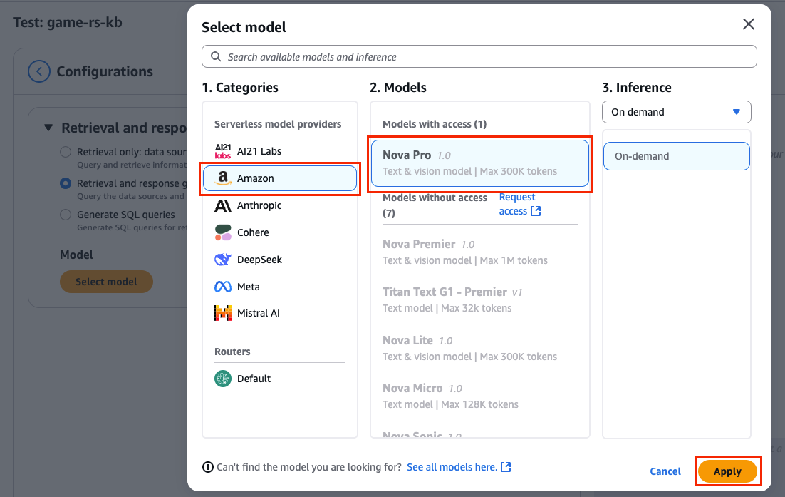 Model selection dialog showing Amazon Nova Pro and other foundation models for Bedrock Knowledge Base