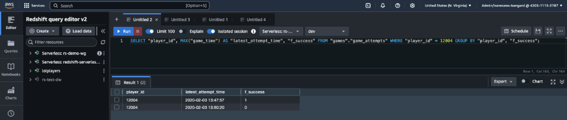 AWS Redshift Query Editor showing SQL query execution with player game attempt results