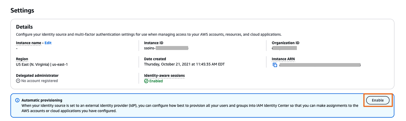 Enabling automatic provisioning in AWS IAM Identity Center