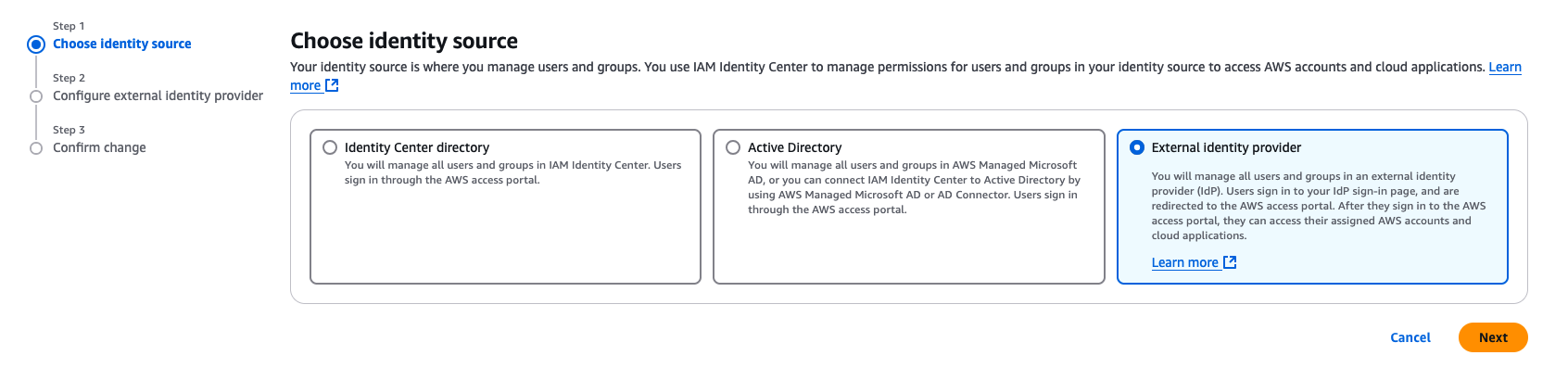 Choosing External Identity provider in AWS IAM Identity Center