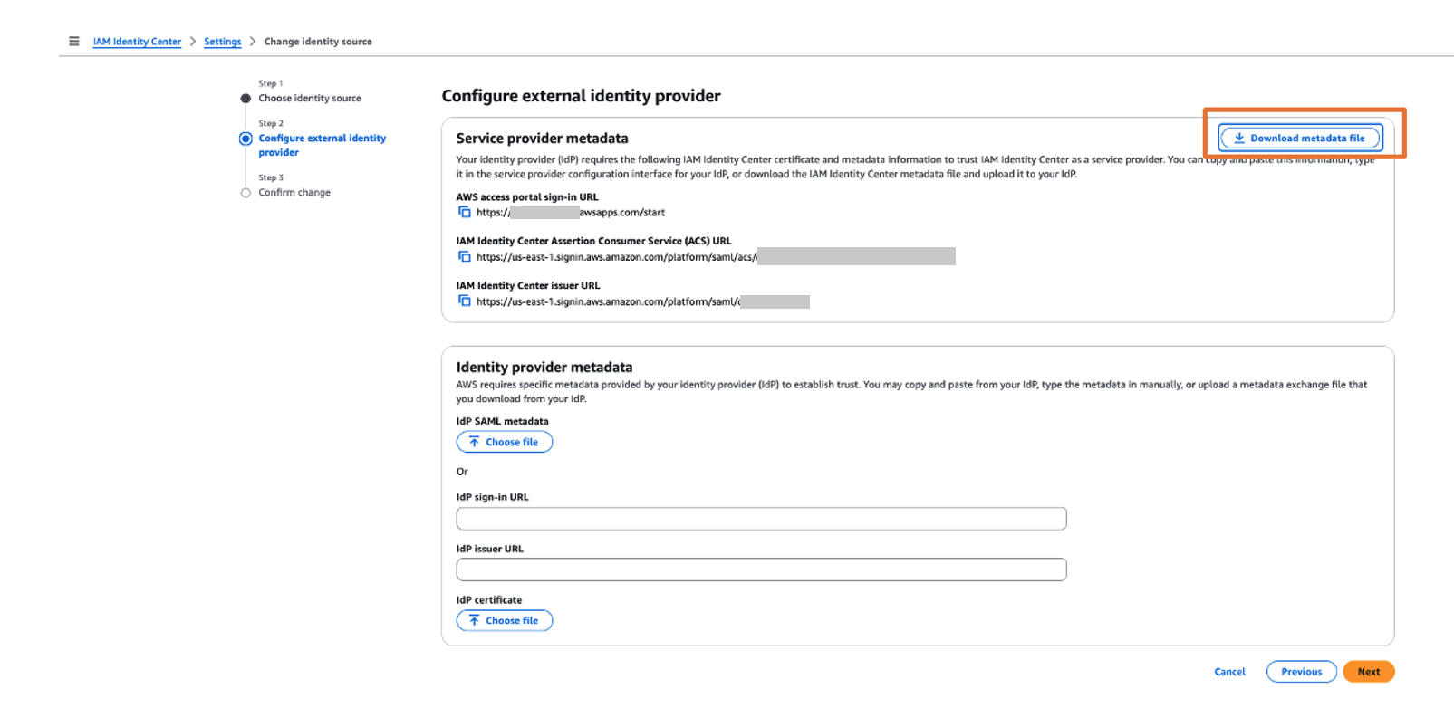 Downloading service provider metadata from AWS IAM Identity Center