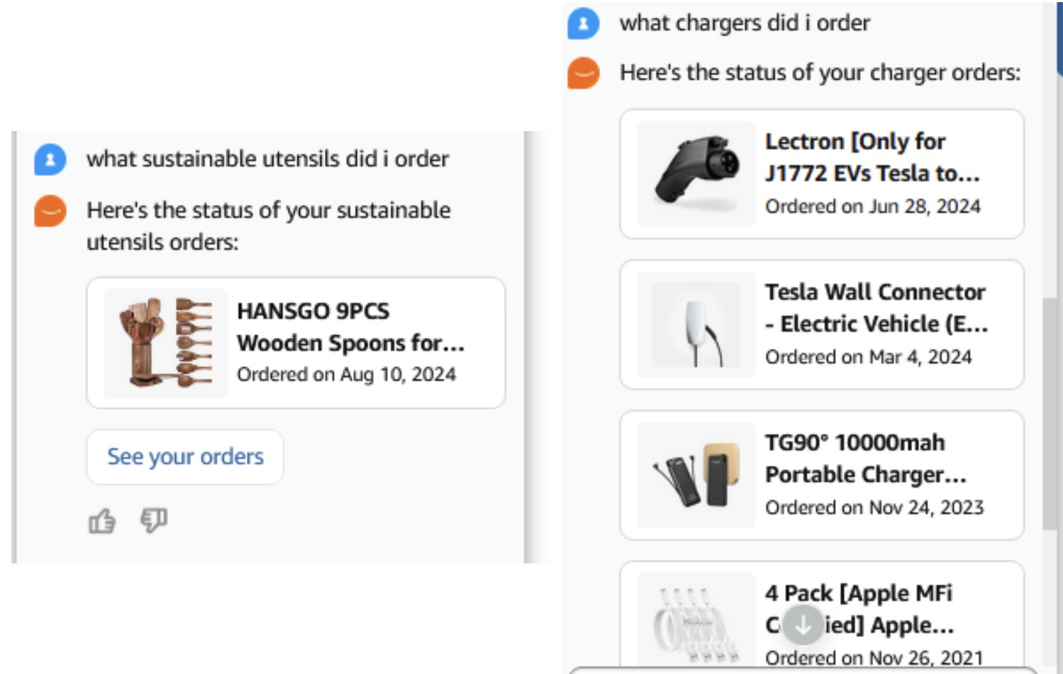 Two side-by-side screenshots demonstrating semantic search results for sustainable utensils and chargers in an e-commerce interface.