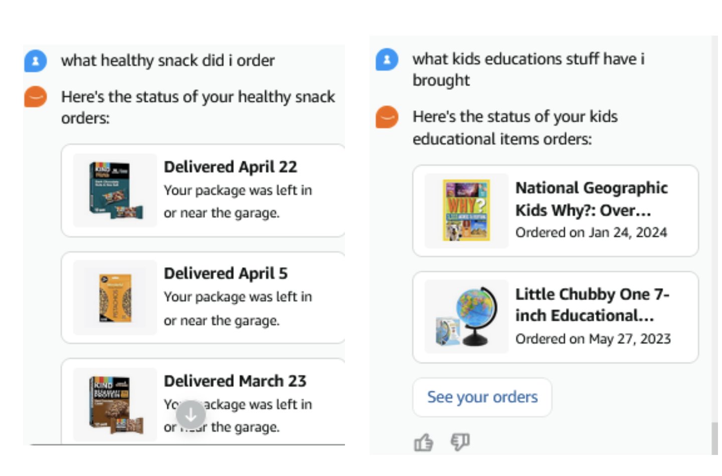 Two side-by-side screenshots demonstrating semantic search results for healthy snacks and kids educational items in an e-commerce order interface.