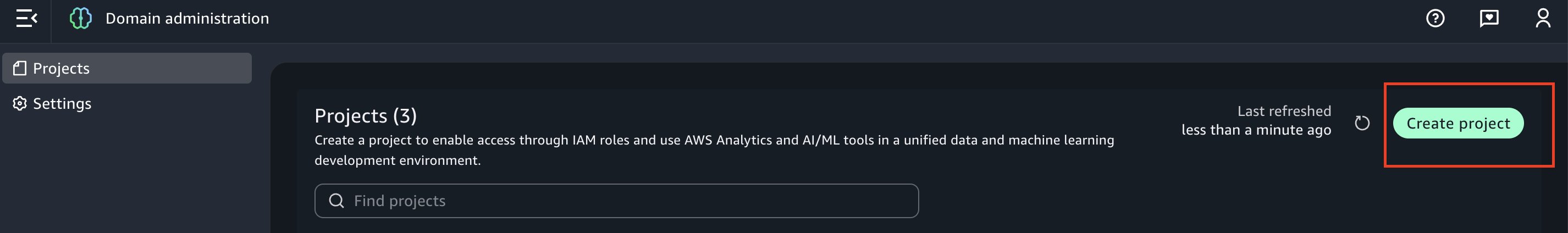 Amazon DataZone Domain Administration Projects page showing "Projects (3)" with description about enabling IAM role-based access to AWS Analytics and AI/ML tools, search functionality to find projects, last refreshed timestamp, and green Create project button.