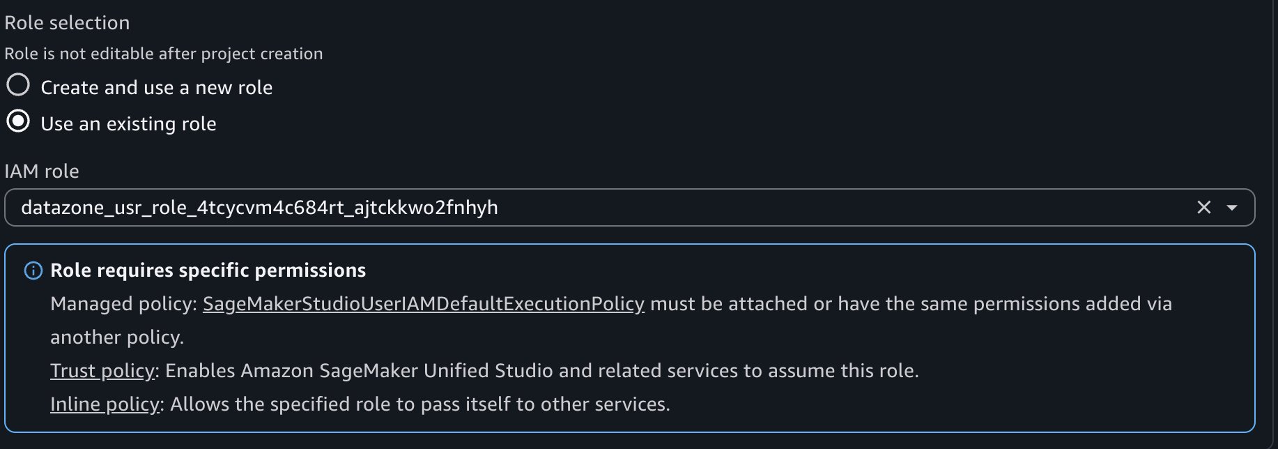 Amazon SageMaker Unified Studio role selection interface showing "Use an existing role" option selected with IAM role datazone_usr_role_4tcycvm4c684rt_ajtckkwo2fnhyh, blue information box displaying required permissions including SageMakerStudioUserIAMDefaultExecutionPolicy managed policy, trust policy enabling Amazon SageMaker Unified Studio service assumption, and inline policy for role pass-through, with note that role is not editable after project creation.
