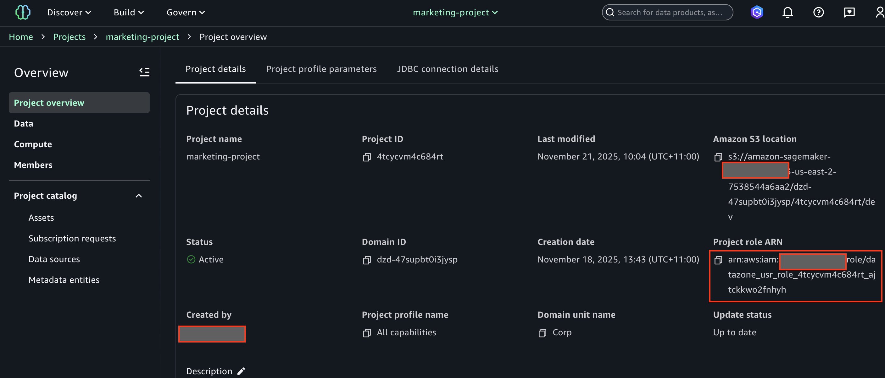 Amazon DataZone project overview page displaying marketing-project details with active status, project ID 4tcycvm4c684rt, domain ID dzd-47supbt0i3jysp, All capabilities profile, Corp domain unit, Amazon S3 location in us-east-2, and project role ARN with up-to-date status.