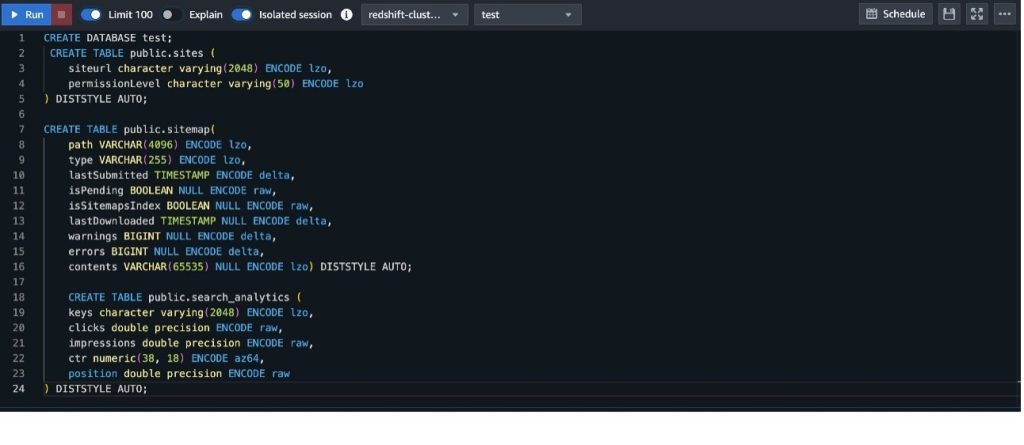 Screenshot of AWS Glue ETL job visual editor showing the job creation interface with source and target selection options, displaying Google Search Console as source and Amazon Redshift as target.
