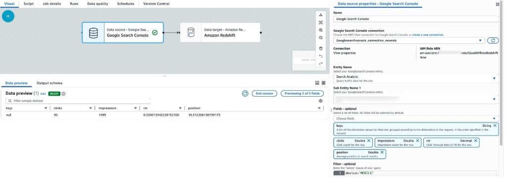 Screenshot of AWS Glue source node configuration showing Search Analytics entity with a filter predicate for device = 'MOBILE'.