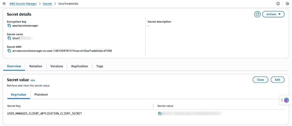 Screenshot of AWS Secrets Manager console showing the "Store a new secret" interface with "Other type of secret" selected and a key-value pair entry for USER_MANAGED_CLIENT_APPLICATION_CLIENT_SECRET.