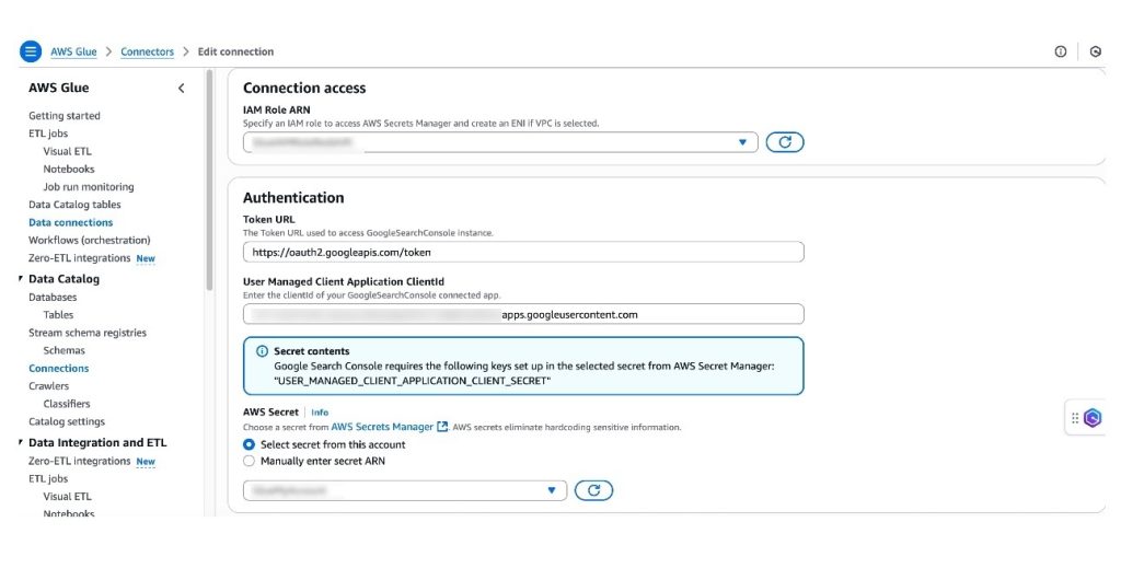 Screenshot of AWS Glue connection configuration form showing fields for IAM Role ARN, Token URL, User Managed Client Application ClientId, AWS Secret selection, and VPC configuration options