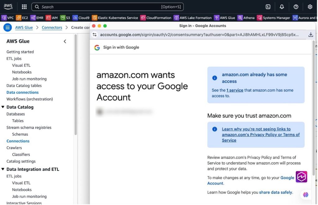 Google OAuth consent screen asking the user to continue and trust the connection between AWS Glue and their Google account.