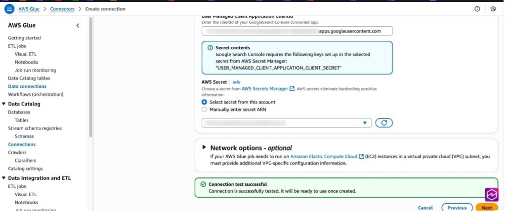 AWS Glue console showing a successful connection test result with a green checkmark indicating the Google Search Console connection was established successfully.