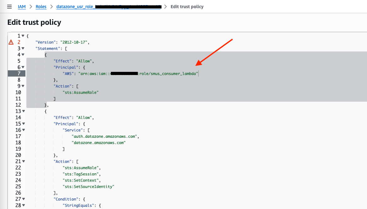 IAM trust policy editor: JSON code with red arrow highlighting AWS principal ARN for smus_consumer_lambda role
