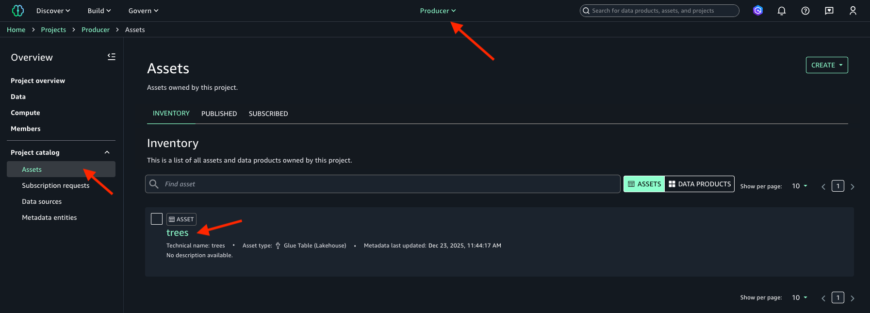 Assets Inventory page: trees Glue Table listed in Producer project with navigation arrows highlighting menu selection