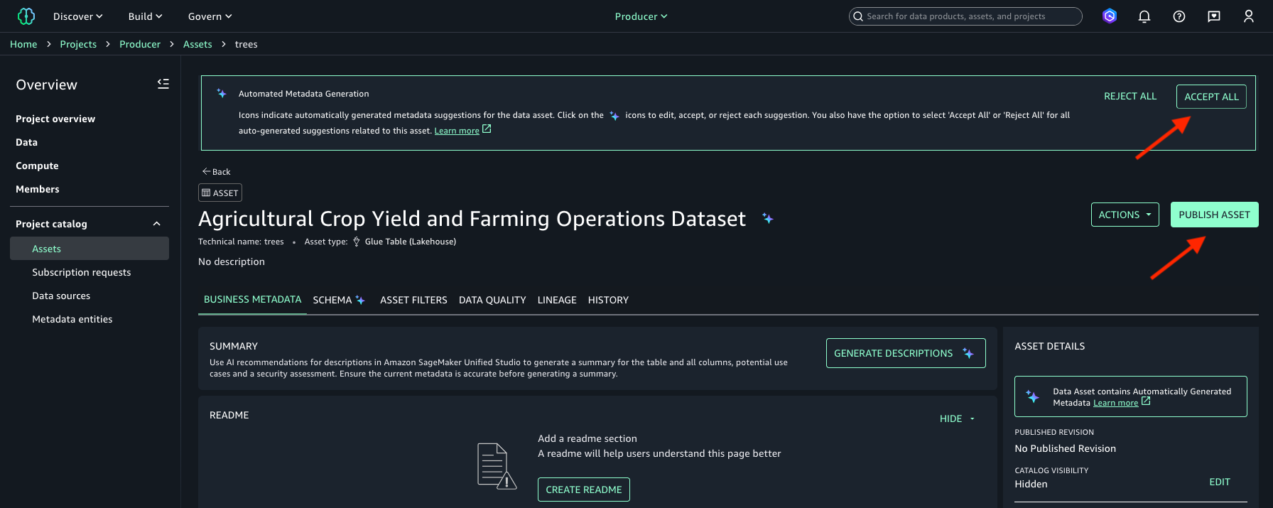 Asset overview: Agricultural Crop Yield dataset with automated metadata banner, ACCEPT ALL & PUBLISH ASSET buttons highlighted