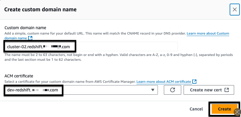 Figure 9: Amazon Redshift custom domain name creation