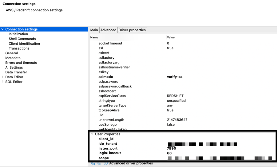 Figure 16: Amazon Redshift JDBC driver user properties